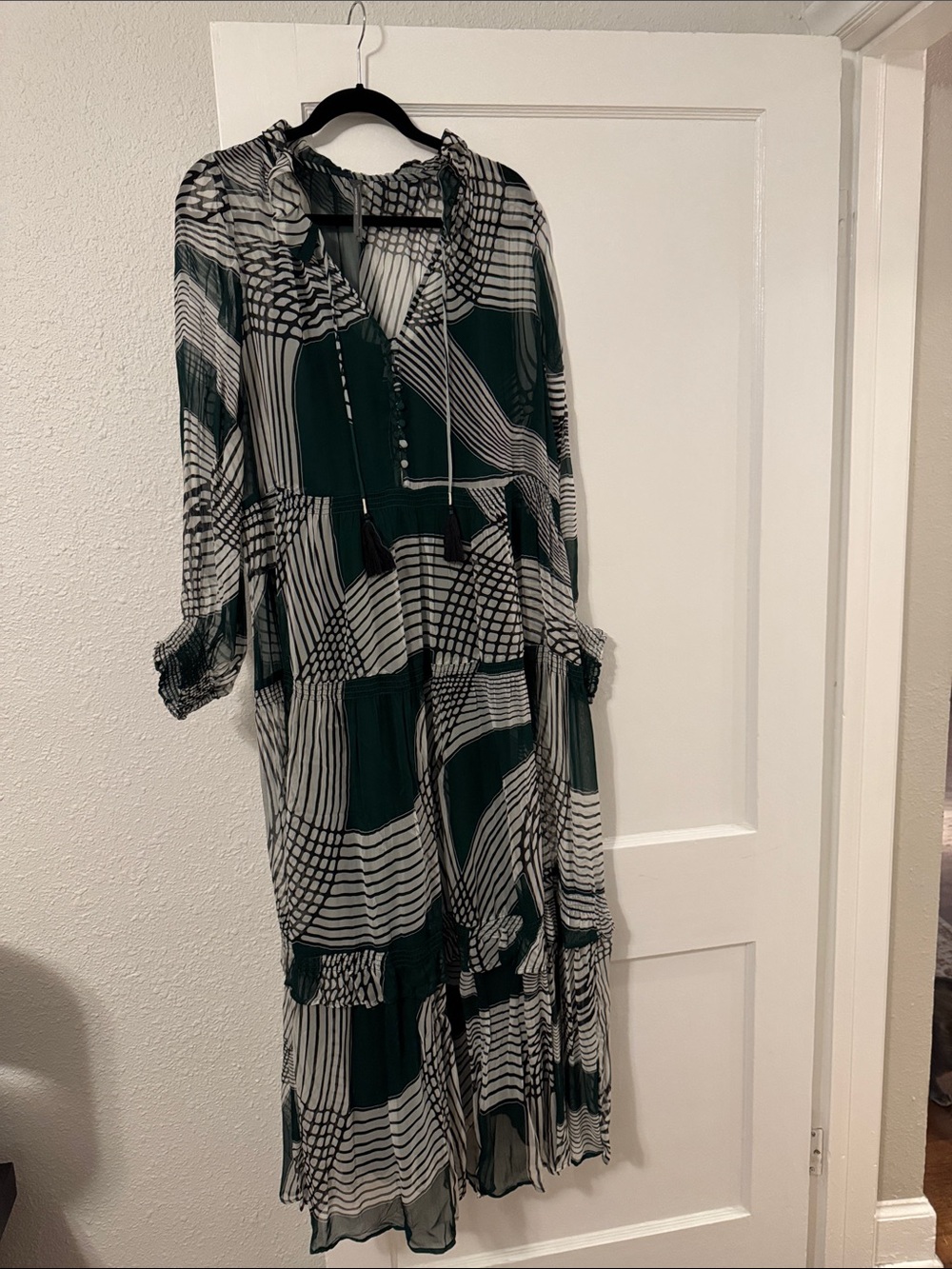 Anthropologie Green & White Geometric Maxi Dress